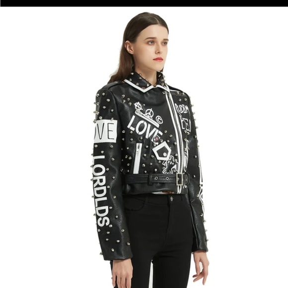 LORDLDS Women Black Leopard Leather Jacket Zip Up Moto Biker Fashion Streetwear - Picture 7 of 11